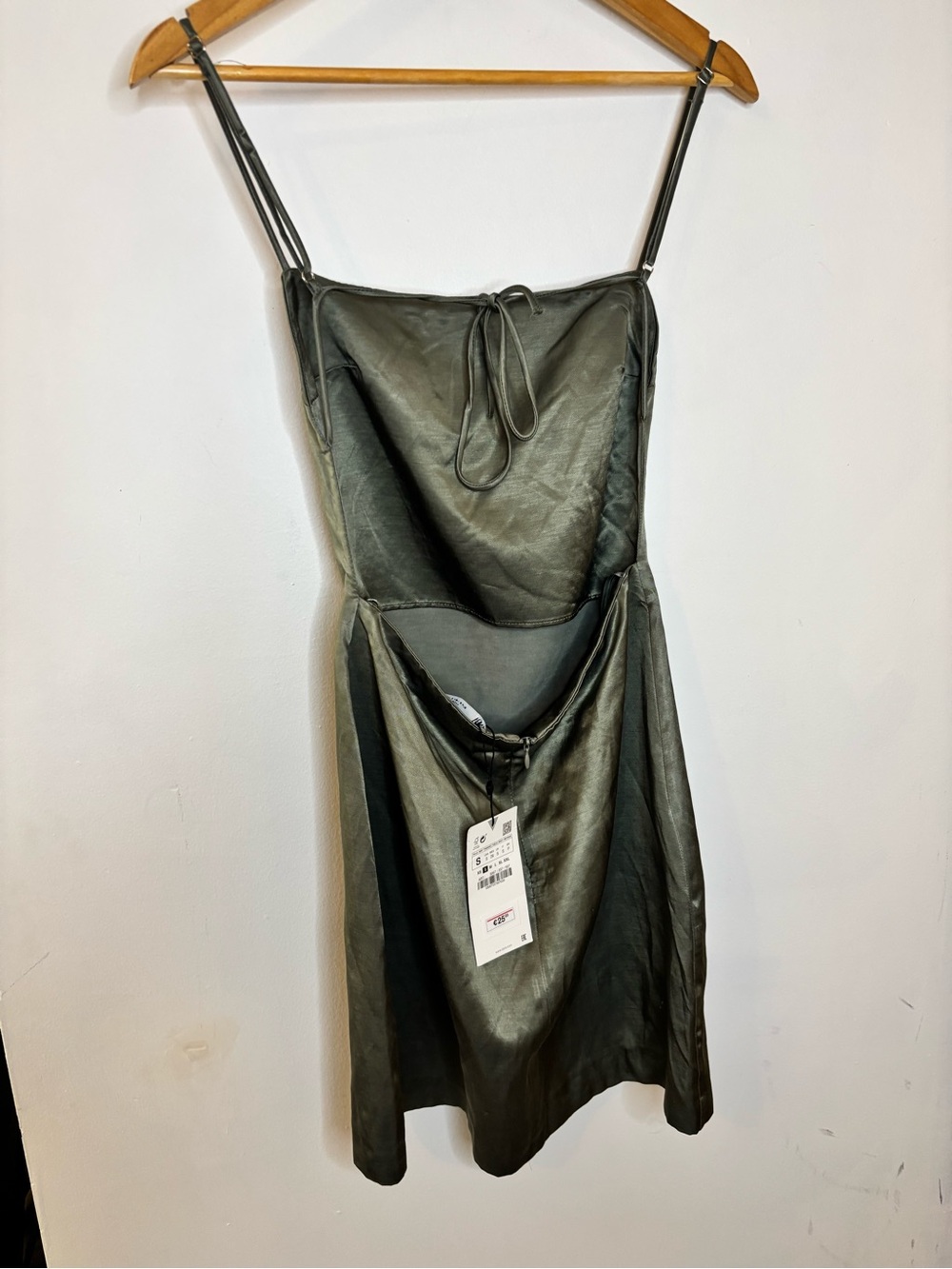 NWT Zara Olive Green Satin Slip Tie Back Dress - Picture 6 of 8